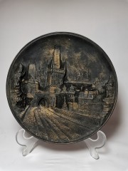 Prague Charles Bridge, Декоративное рельефное панно "Ночная Прага в золоте" с трехмерным изображением Карлова моста, дерево, 20см, Чехия 1950г.