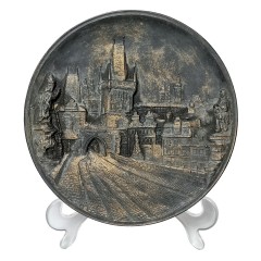 Prague Charles Bridge, Декоративное рельефное панно "Ночная Прага в золоте" с трехмерным изображением Карлова моста, дерево, 20см, Чехия 1950г.