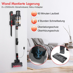 7Magic 7Magic Akku-Hand-und Stielstaubsauger, 450 W, 30000 Pa Starke Saugleistung, Laufzeit max. 60min, Faltbarer Staubsauger, 6-stufiges HEPA Filtrierung, LED Anti-Tangle Elektroburste, Abnehmbarer Akku, Wandhalterung, fur Tierhaare/Fussboden/Teppiche, 0