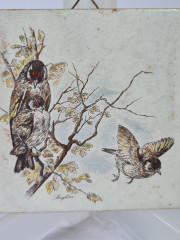 Панно винтажное Wlo "Щеглы на ветке / Х. Арнот", керамика, 10 x 10 см, Германия, 1960-70гг.