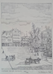 Картина в раме винтажная в черно-белых тонах "Старая площадь" Brukner Stuttgart, 31,5 x 42 см, Германия, 1960-70гг.