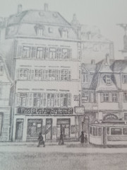 Картина в раме винтажная в черно-белых тонах "Старая площадь" Brukner Stuttgart, 31,5 x 42 см, Германия, 1960-70гг.