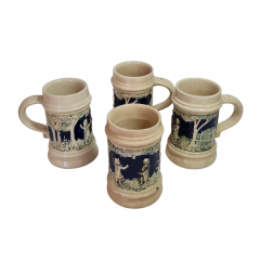 Набор пивных кружек винтажный W.Germany "Дети в саду", бежево-синий, керамика, 4 шт., 10 x 12 см, Германия, 1960-70гг.