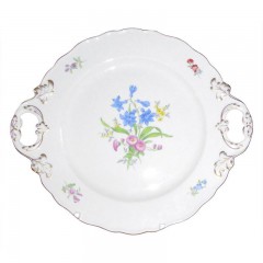 Meissen Meissen 'Neuer Ausschnitt - Blume 3 mitte bunt mit Goldrand' Platte mit 2 Henkeln 30 cm Мейсен "новая огранка - цветок 3 центр разноцветный с золотым ободком" тарелка с 2 ручками 30 см