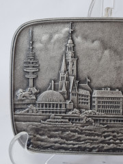 Декоративное панно винтажное Buderus, Modell Mootz, металлическое панно с объемным рельефным изображением г.Гамбург, 17 x 12 см, Германия, 1980г.