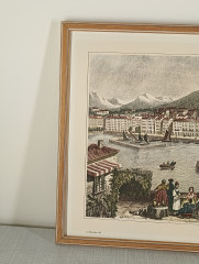 Картина винтажная J.Schroeder "Женева", графика, паспарту, в раме, 38 х 27 см, Германия, 1980-90гг.