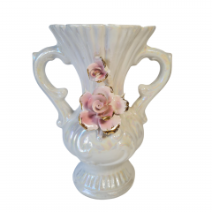Ваза винтажная Capodimonte с двумя ручками и розой, фарфор, перламутр, 27,5 x 22 см, Италия, 1960-70гг.