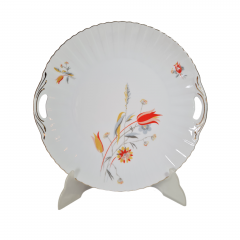 Блюдо сервировочное винтажное Bavaria Im Stil  с ручками, белый фарфор с оранжево-розовым цветами и золотым узором, 26 x 3 см