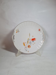 Блюдо сервировочное винтажное Bavaria Im Stil  с ручками, белый фарфор с оранжево-розовым цветами и золотым узором, 26 x 3 см