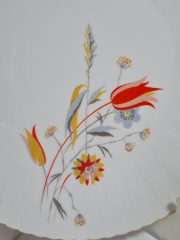 Блюдо сервировочное винтажное Bavaria Im Stil  с ручками, белый фарфор с оранжево-розовым цветами и золотым узором, 26 x 3 см