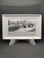 Поднос винтажный Karlsruhe "Проспект Лангетштайнбахера в 1725 году", майолика, кракелюр / чб декор, керамика, 30 х 19 см, Германия, 1970-80гг.