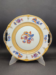 Блюдо винтажное Schumann Bavaria &quot;Лютики&quot;с ручками, сине-оранжевый цветочный декор, с позолотой, фарфор, 26 см, Германия, 1960-70гг.