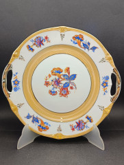 Блюдо винтажное Schumann Bavaria &quot;Лютики&quot;с ручками, сине-оранжевый цветочный декор, с позолотой, фарфор, 26 см, Германия, 1960-70гг.