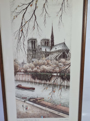 Картина винтажная Kunsthaus Schaller KG / Otriz Alfau "Собор Парижской Богоматери", под стеклом, 55 x 28 см, Германия, 1960-1970гг.