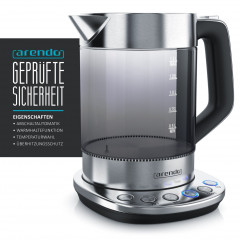 Arendo Arendo Wasserkocher, 1,5 l, 2200 W, Edelstahl Glas, mit Basisstation Temperatureinstellung 70°C 100°C Чайник Arendo, 1,5 л, 2200 Вт, стекло нержавеющая сталь, с регулировкой температуры на базовой станции 70°С 100°С