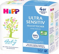 Hipp Babysanft Ultra Sensitive Нежные Влажные очищающие салфетки для детей, без запаха, 4 упаковкиx 52шт, 208 штук